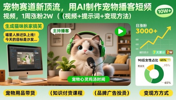 宠物赛道新顶流，用AI制作宠物播客短视频，1周涨粉2W