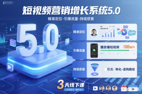 短视频营销增长系统5.0，精准定位-引爆流量-持续获客，3天线下课