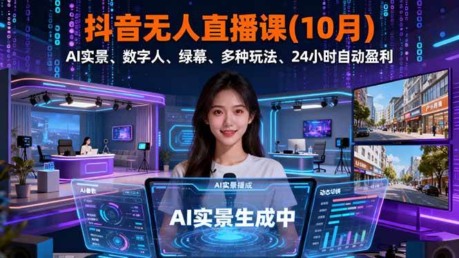 抖音无人直播课(10月)，AI实景、数字人、绿幕、多种玩法、24小时自动盈利