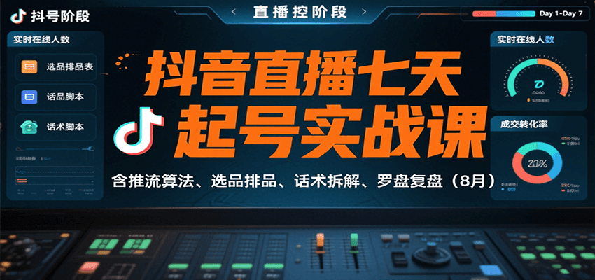 抖音直播七天起号实战课：含推流算法、选品排品、话术拆解、罗盘复盘