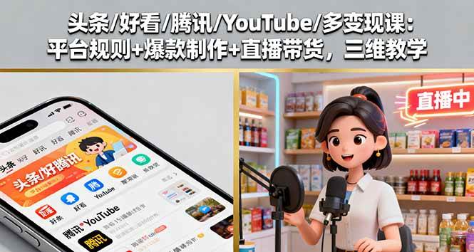 头条/好看/腾讯/YouTube/多变现课:平台规则+爆款制作+直播带货,三维教学