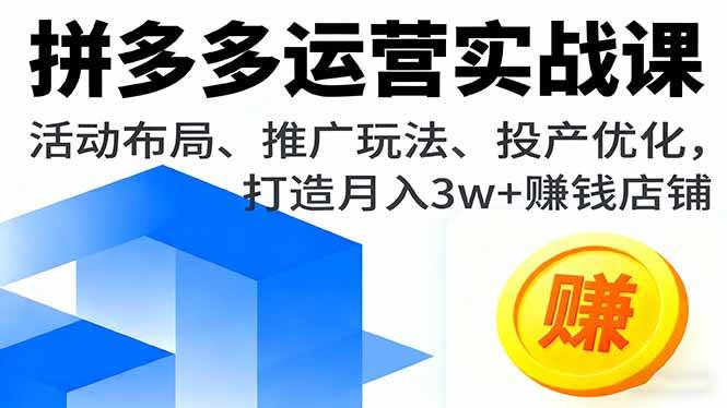 拼多多运营实战课,活动布局、推广玩法、投产优化,打造月入3w+赚钱店铺