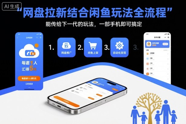 网盘拉新结合闲鱼玩法全流程，能传给下一代的玩法，一部手机即可搞定