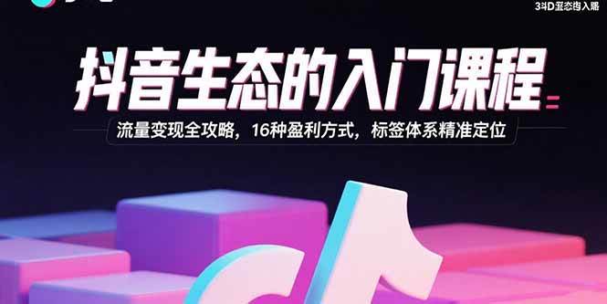 抖音生态的入门课程：流量变现全攻略，16种盈利方式，标签体系精准定位