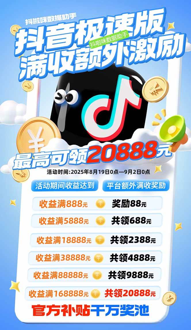 抖音极速版拉新，平台大力扶持，每单15元，万播转化无上限，平台额外满…