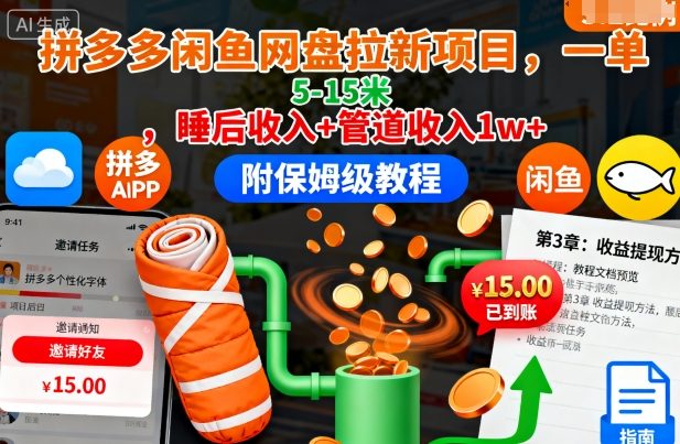 拼多多闲鱼网盘拉新项目，一单5-15米，睡后收入+管道收入1w+