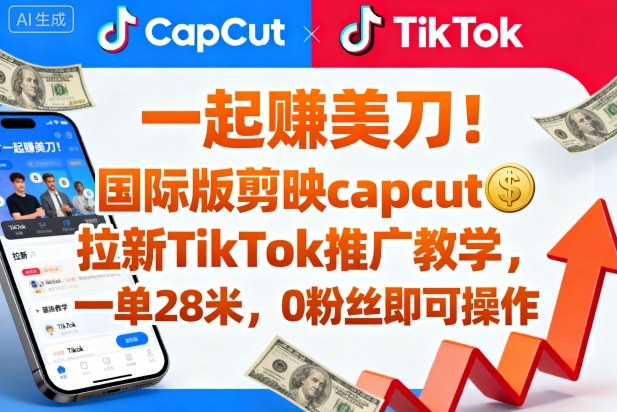 一起賺美刀！国际版剪映capcut拉新TikTok推广教学，一单28米，0粉丝即可操作