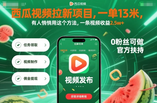 西瓜视频拉新项目，一单13米，有人悄悄用这个方法，一条视频收益2.5w+