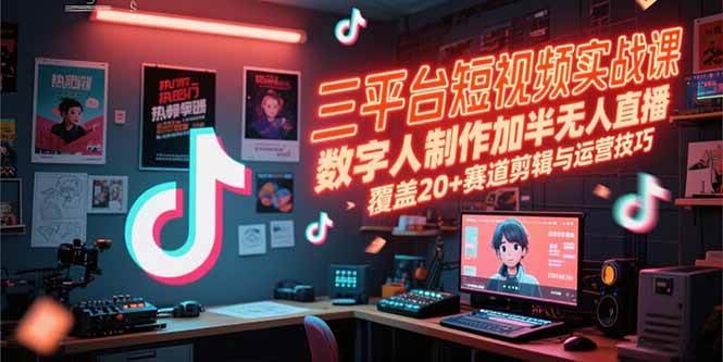 三平台短视频实战课，数字人制作加半无人直播，覆盖20+赛道剪辑与运营技巧