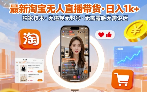 最新淘宝无人直播带货，日入1k+，独家技术，无违规无封号，无需露脸无需说话【揭秘】