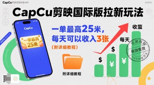 一单最高25米，亲测CapCu剪映国际版拉新玩法，每天可以收入3张