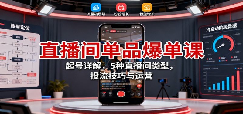 直播间单品爆单系列课：起号运营变现，5种直播间类型，26投流技巧与运营