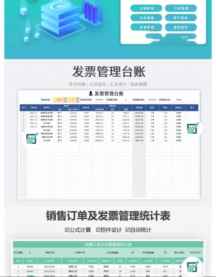 72套发票管理Excel模版-财务发票管理系统excel表格发票登记开票统计明细表【电商热销891】