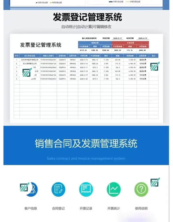 72套发票管理Excel模版-财务发票管理系统excel表格发票登记开票统计明细表【电商热销891】