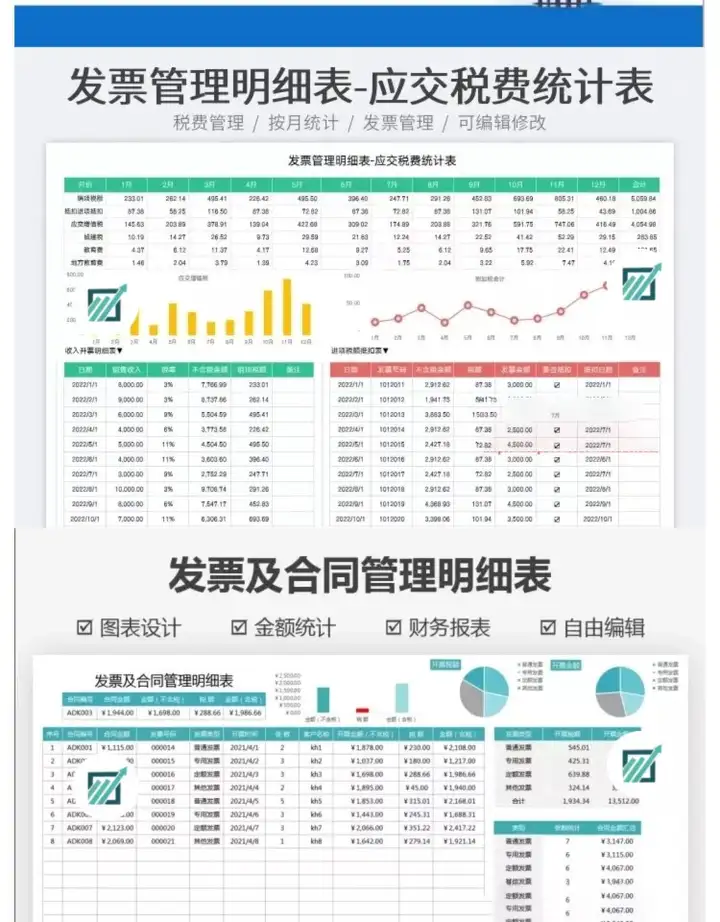 72套发票管理Excel模版-财务发票管理系统excel表格发票登记开票统计明细表【电商热销891】