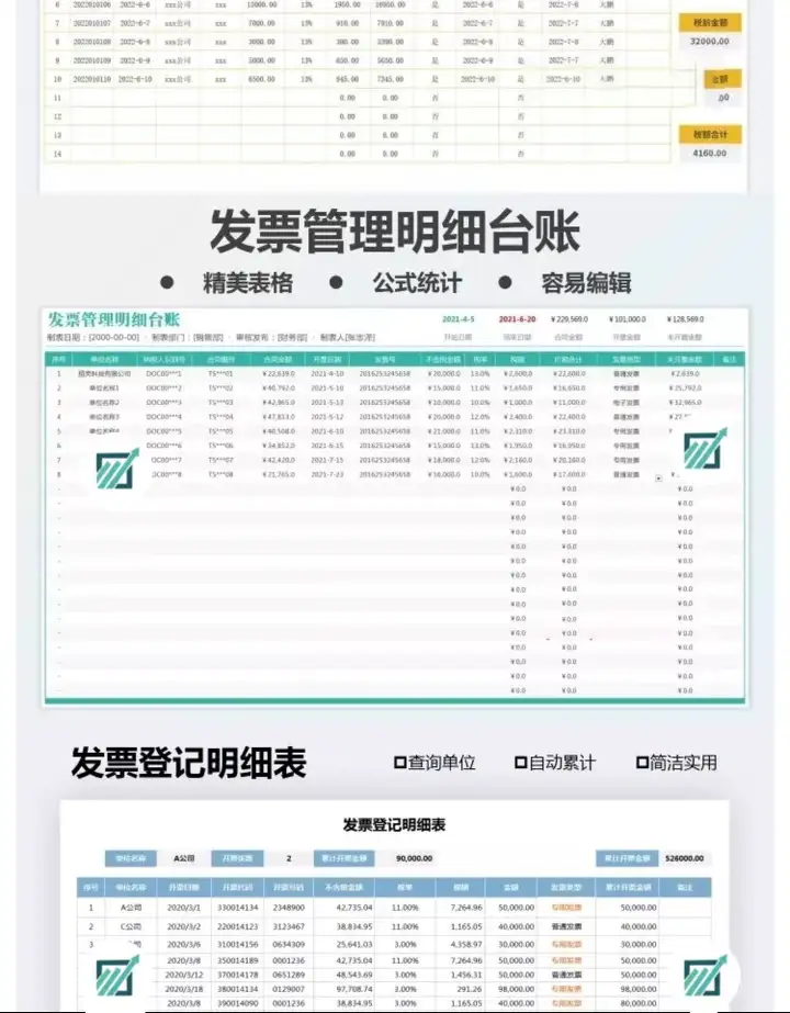 72套发票管理Excel模版-财务发票管理系统excel表格发票登记开票统计明细表【电商热销891】