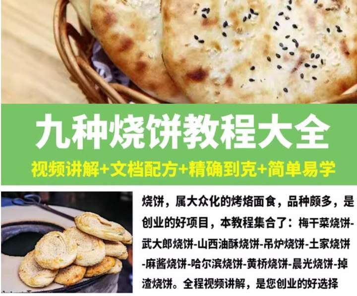 9种烧饼技术教程-烧饼技术配方教程大全梅干菜武大郎吊炉掉渣饼制作小吃摆摊创业【电商热销665】