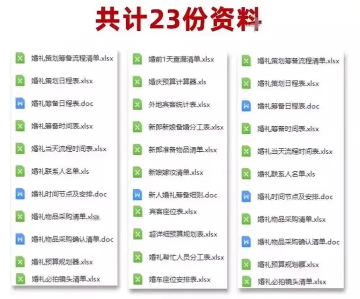 婚礼准备清单表大全【23份】-结婚发言流程安排物品清单预算筹备准备物品采购清单日程安排表格资料【电商热销45】