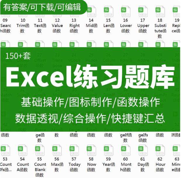 150套excel练习素材【训练试题及答案】题库函数公式表格练习题实操基础数据透视图表制作【电商热销789】