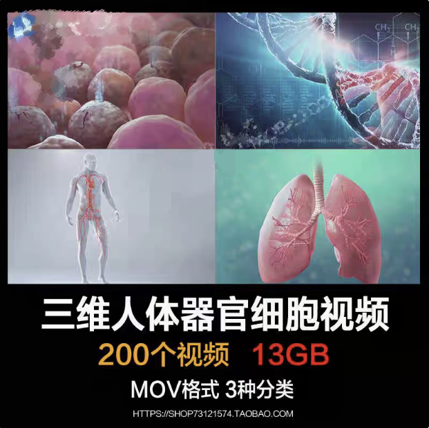 200个三维人体器官细胞视频素材-人体器官血液大脑皮肤病毒骨骼基因经络心脏三维3D动画【电商热销59】