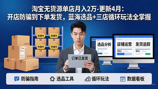 淘宝无货源单店月入2万-更新4月：开店防骗到下单发货，蓝海选品+三店循环玩法全掌握