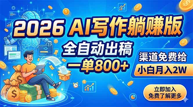 2026 AI写作躺赚版:全自动出稿,一单800+,渠道免费给,小白月入2W