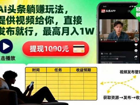 AI头条躺賺玩法，提供视频给你，直接发布就行，最高月入1W+【揭秘】