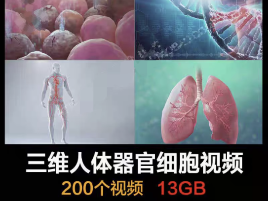 200个三维人体器官细胞视频素材-人体器官血液大脑皮肤病毒骨骼基因经络心脏三维3D动画【电商热销59】
