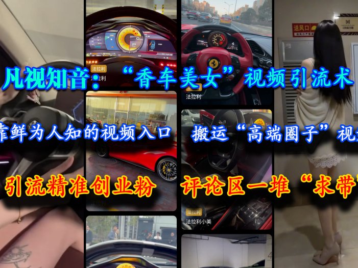 凡视知音：“香车美女”视频引流术，依靠鲜为人知的视频入口，搬运“高端圈子”视频，引流精准创业粉，评论区一堆“求带”