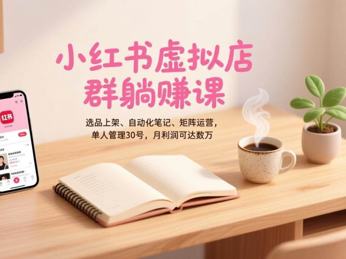 小红书虚拟店群躺赚课，选品上架、自动化笔记、矩阵运营，单人管理30号，月利润可达数万