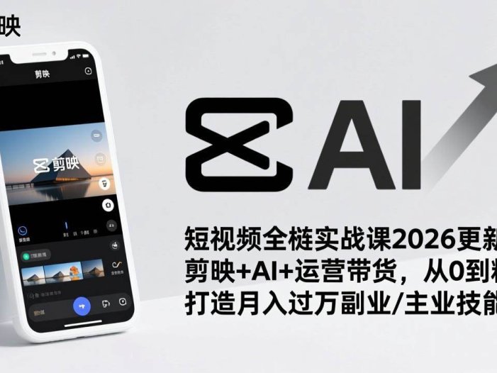 短视频全栈实战课2026更新：剪映+AI+运营带货，从0到精通，打造月入过万副业/主业技能