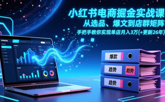 小红书电商掘金实战课，从选品、爆文到店群矩阵，手把手教你实现单店月入3万+(更新26年)