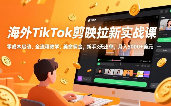 海外TikTok剪映拉新实战课，零成本启动、全流程教学、美金佣金，新手3天出单，月入5000+美元
