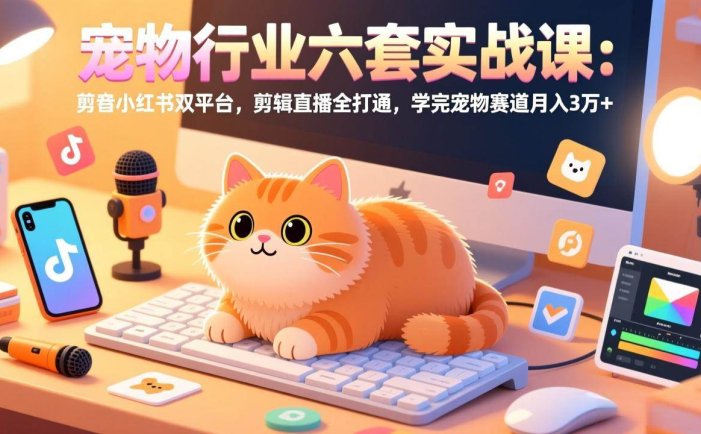 宠物行业六套实战课：抖音小红书双平台，剪辑直播全打通，学完宠物赛道月入3万+