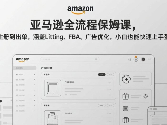 亚马逊全流程保姆课，从注册到出单，涵盖Listing、FBA、广告优化，小白也能快速上手盈利