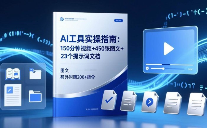 AI工具实操指南：150分钟视频+450张图文+23个提示词文档，额外附赠200+指令