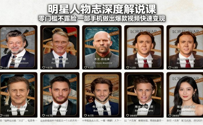 明星人物志深度解说课：零门槛不露脸，一部手机做出爆款视频快速变现