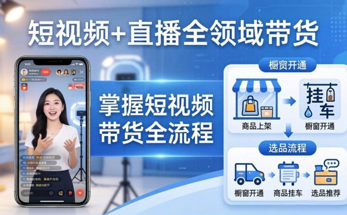 短视频+直播全领域带货：掌握橱窗开通、挂车、选品、爆款文案改编等短视频带货全流程