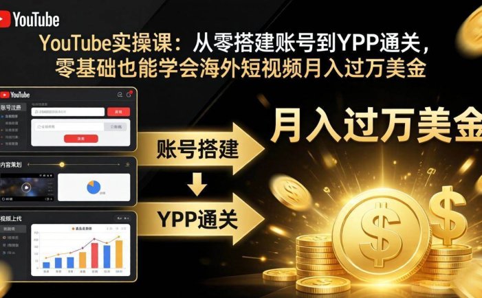 YouTube实操课：从零搭建账号到YPP通关，零基础也能学会海外短视频月入过万美金
