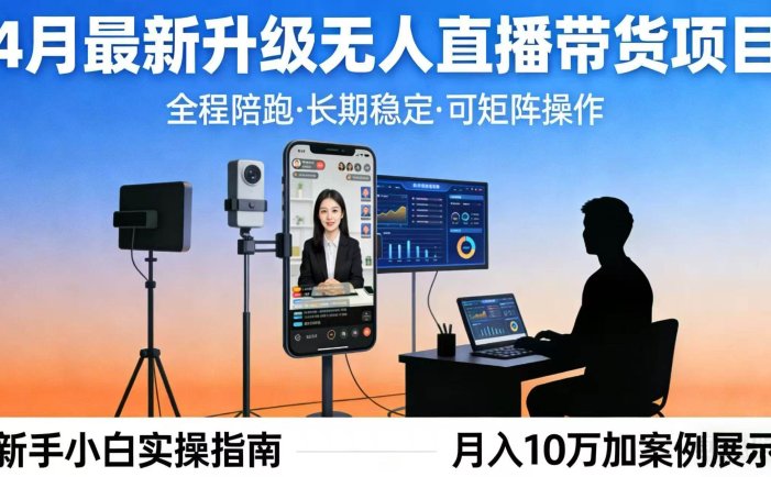 4月最新升级 无人直播 带货 全程陪跑  长期稳定 可矩阵  每天半小时新手小白实操月入 十万
