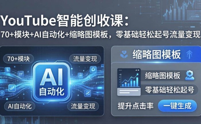 YouTube智能创收课：70+模块+AI自动化+缩略图模板，零基础轻松起号流量变现