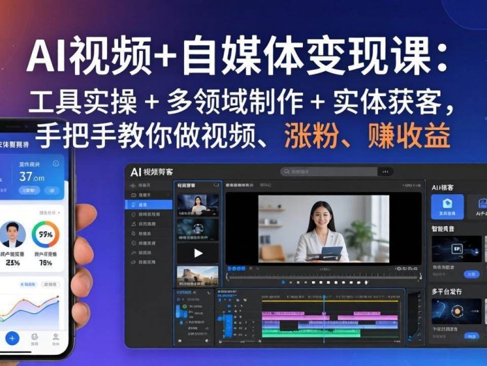 AI视频+自媒体变现课：工具实操 + 多领域制作 + 实体获客，手把手教你做视频、涨粉、赚收益