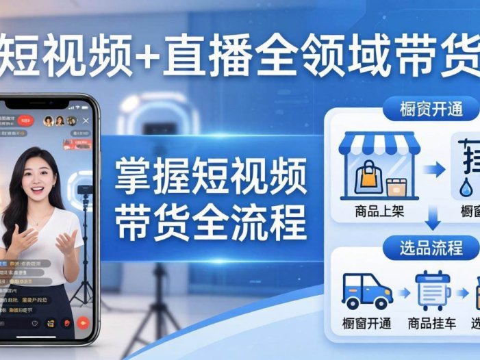 短视频+直播全领域带货-更新：掌握橱窗开通、挂车、选品、爆款文案改编等短视频带货全流程