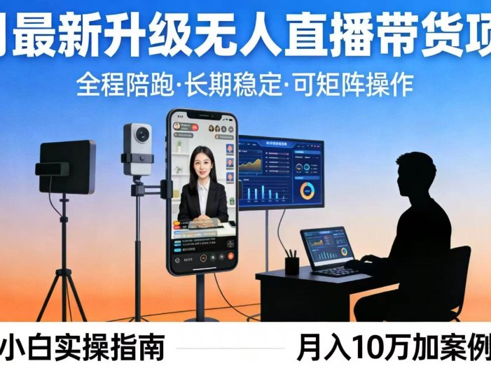 4月最新升级 无人直播 带货 全程陪跑  长期稳定 可矩阵  每天半小时新手小白实操月入 十万