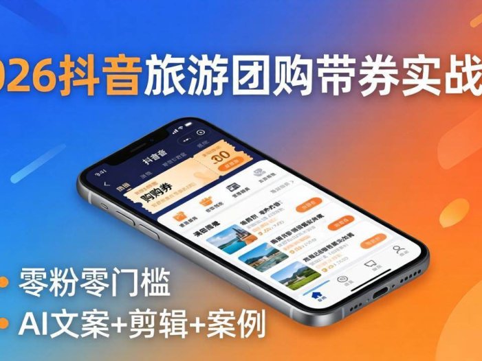 2026抖音旅游团购带券实战课：零粉零门槛，AI文案+剪辑+案例，躺着赚门票佣金
