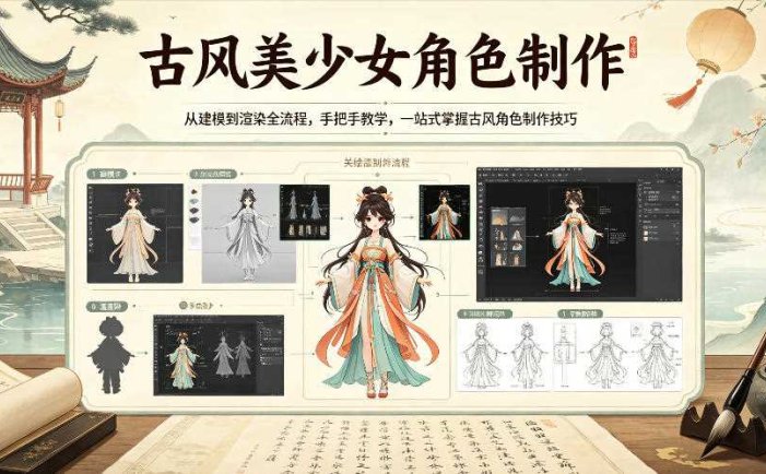古风美少女角色制作，从建模到渲染全流程，手把手教学，一站式掌握古风角色制作技巧