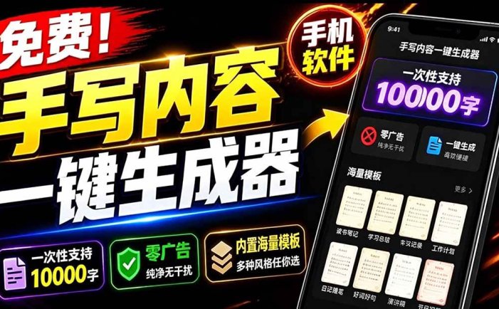 超逼真手写字体一键生成器，纯免费离线运行，一次性支持10000字，零广告，内置海量模板