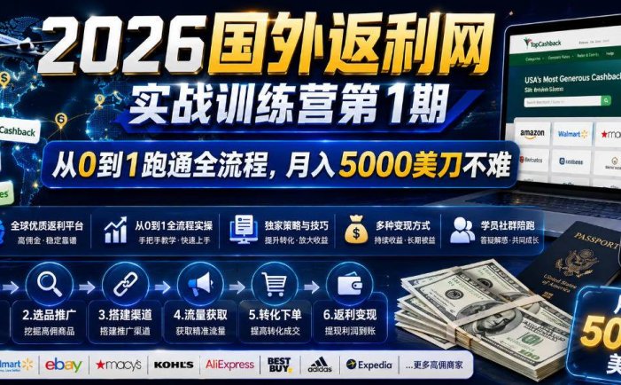 2026国外返利网实战变现营-第一期，从零拆解项目逻辑与流程，跑通完整变现链路，月入5000美金