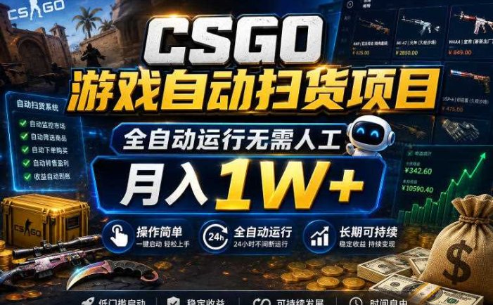 CSGO游戏自动扫货项目，全自动运行无需人工，月入1W+，操作简单，长期可持续【揭秘】
